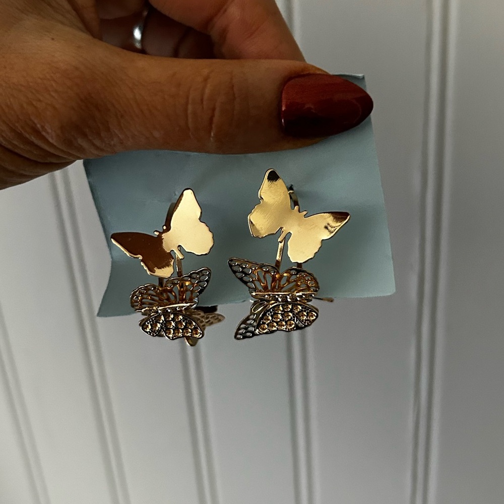 Gold Tone Hoop Butterfly Statement Earrings